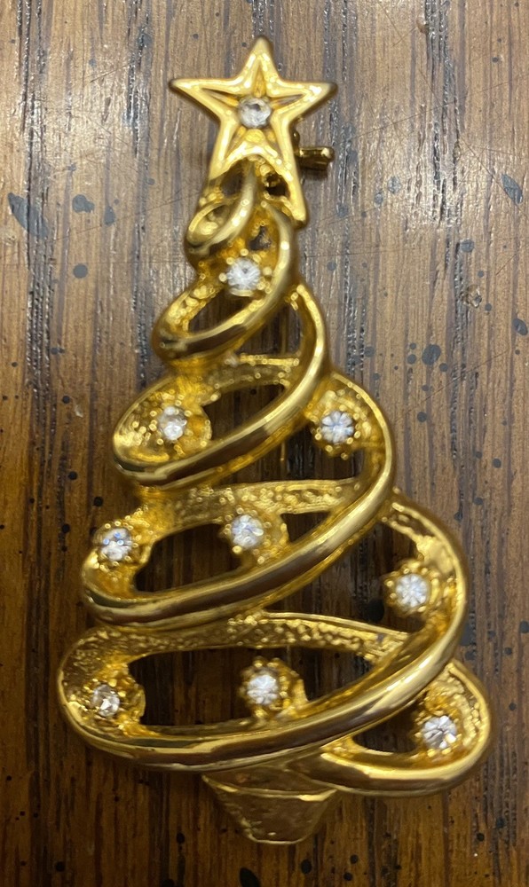 Vintage Gold Tone 2” Christmas Tree Brooch Pin with Clear Sparkling Rhinestones
