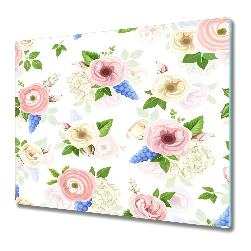 Glass Kitchen Chopping Board Worktop Saver Hand drawn flowers pink 60x52