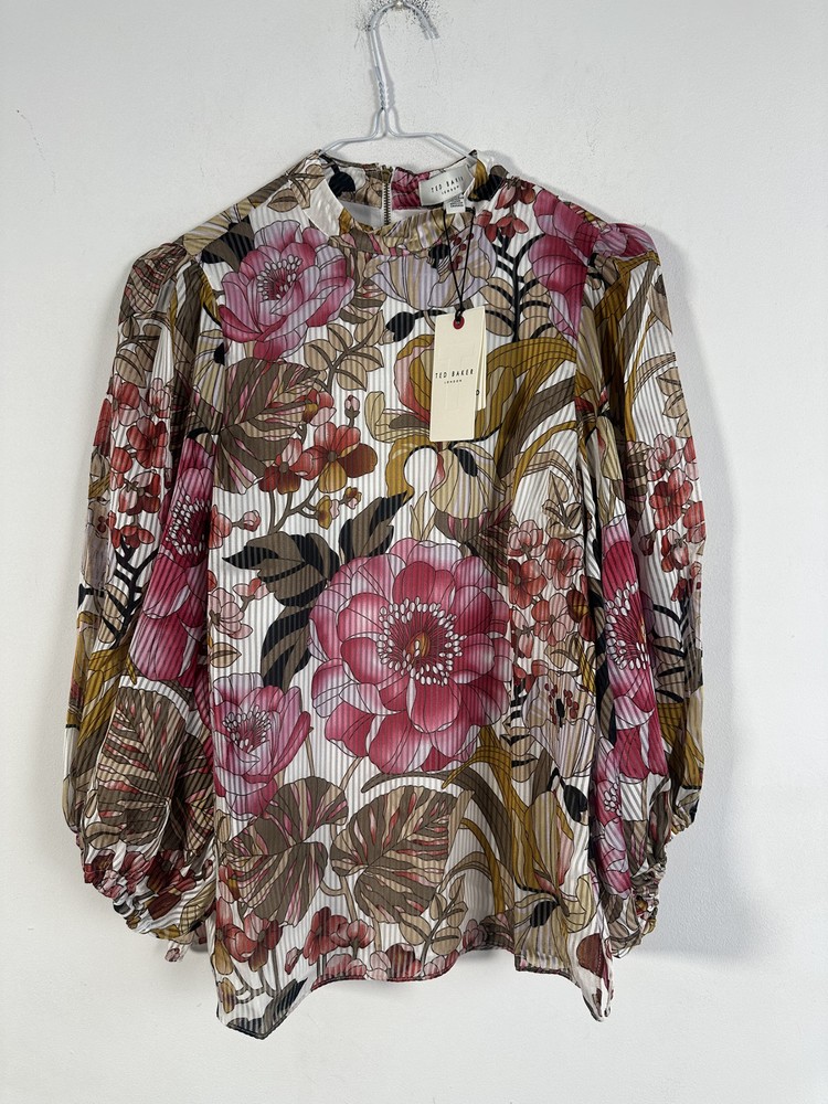 TED BAKER BLOUSE NEW 8 12 14 Floral High Round Neck Puff Sleeve Floral Retro