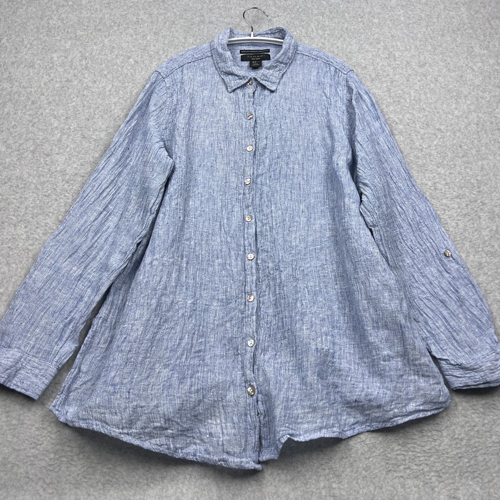 Tahari Shirt Women's XL Blue European Flax 100% Linen Woven Textured Button Up
