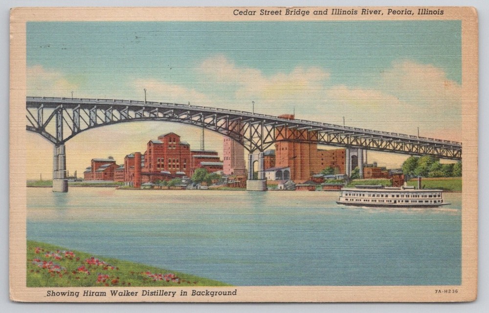 Cedar Street Bridge Peoria IL Illinois River Hiram Walker Distillery Postcard