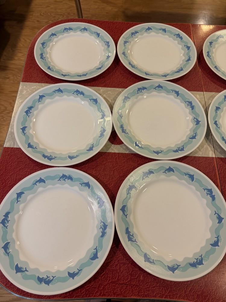 Set of 8 Corelle Ocean Dance Blue Dolphins Dinner Plates 10 3/4