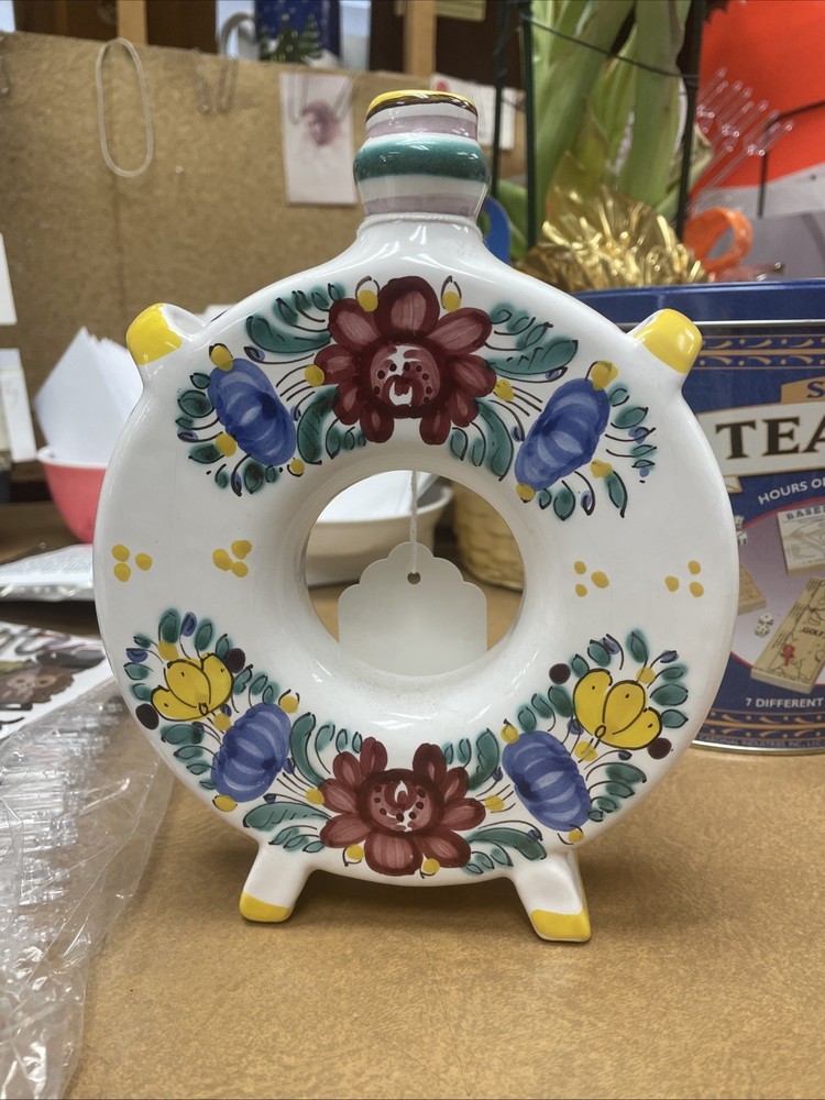Vintage Modra Slovak Pottery Canteen Flask Handpainted Floral Colorful Signed
