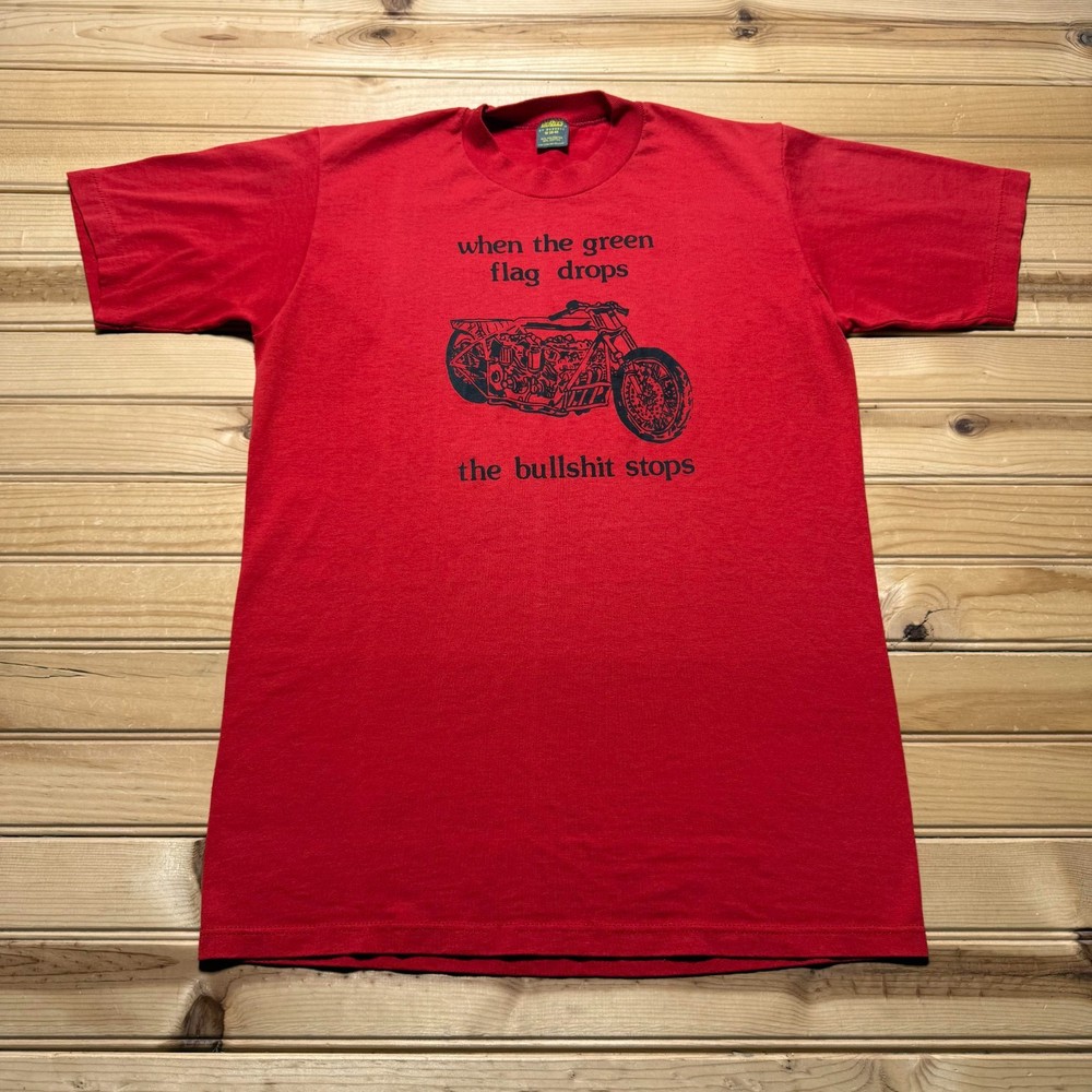 Vintage 80s When The Green Flag Drops Motorcycle Drag Racing T-Shirt - Medium