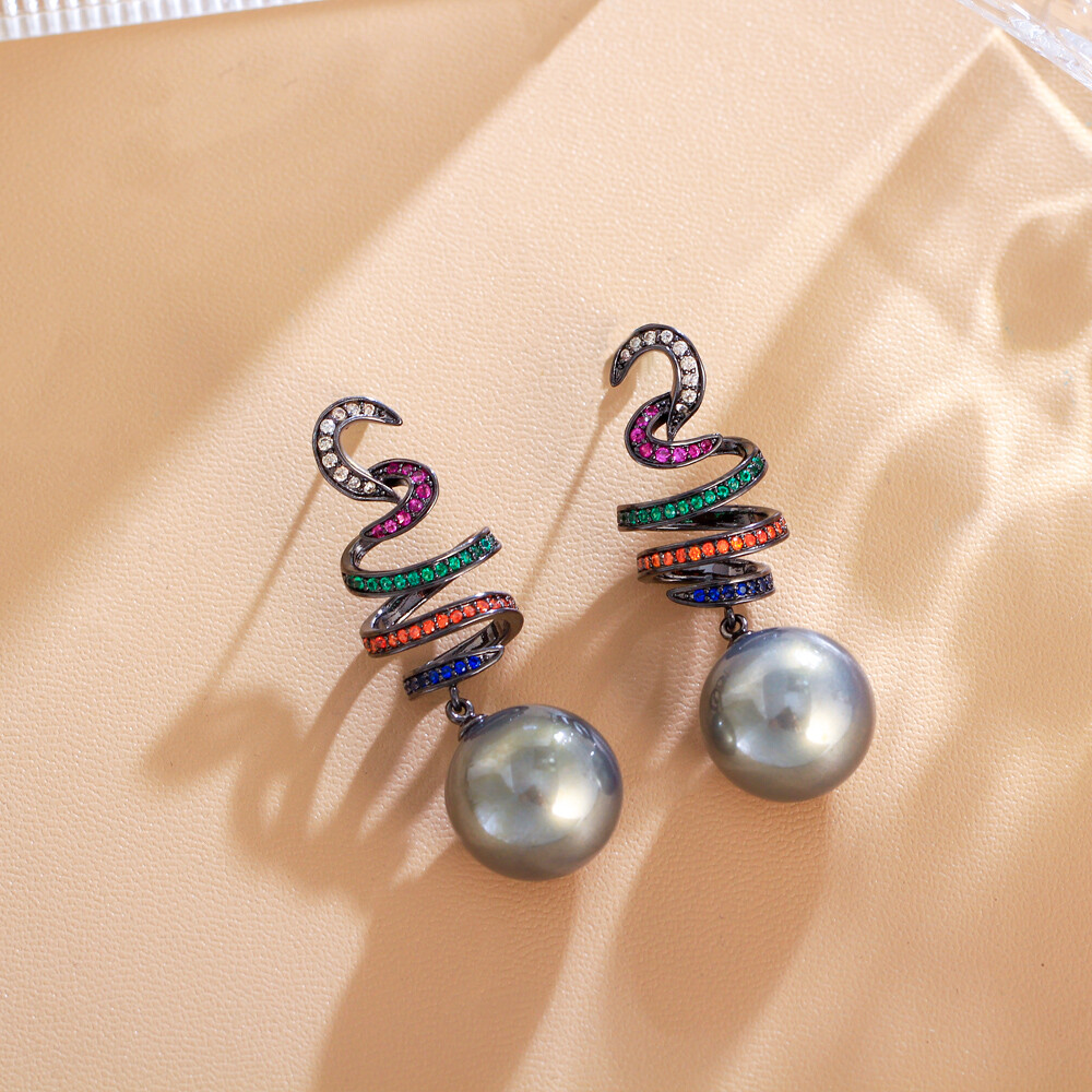 Snake Pearl Dangle Drop Earrings Black Gold Plated Cubic Zirconia Multicolored