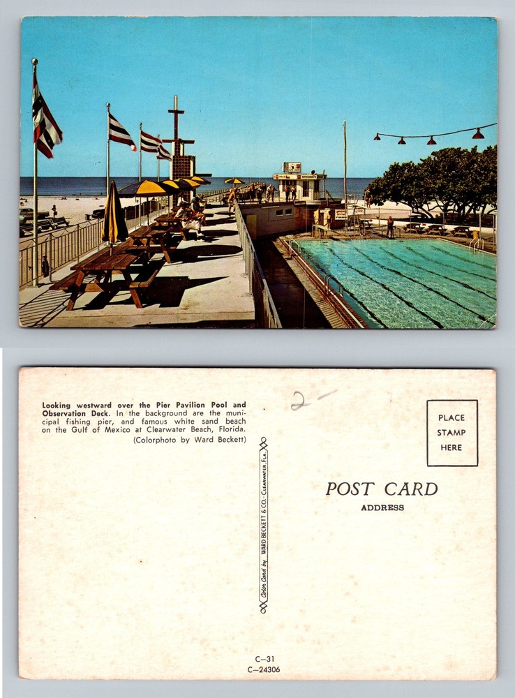 Clearwater Beach, FL-Florida, Pier Pavilion Pool Observ Deck Vintage Postcard