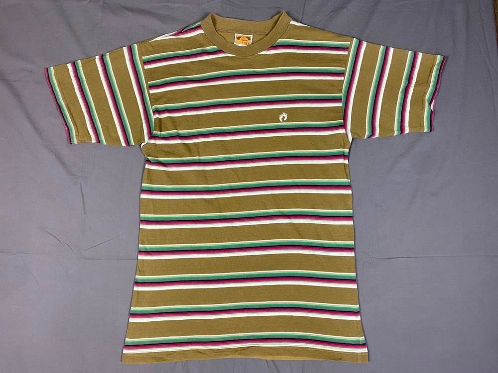 Vintage Hang Ten T Shirt Mens Small Multicoloured Striped Logo Casual Surf Skate