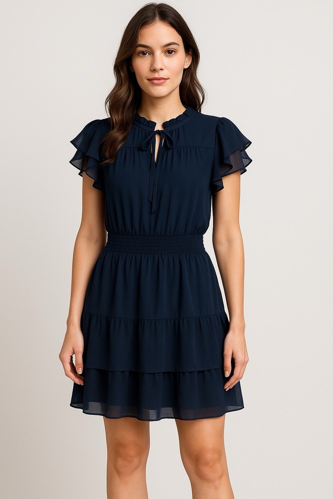 MSK Women’s Navy Blue Tiered Ruffle Flutter Sleeve Dress Size M