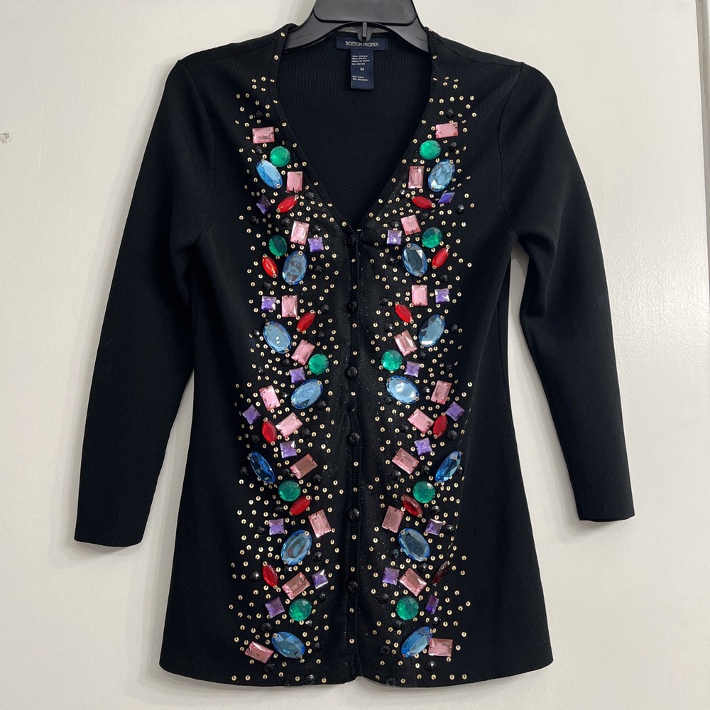 Boston Proper Sweater Black rhinestones Embellished Knit Cardigan sz M
