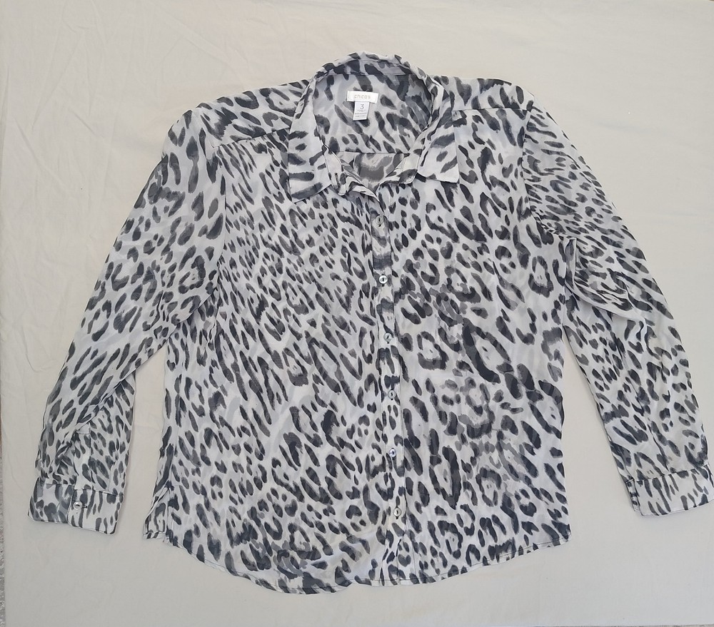 Chicos Blouse Women 3 US 16/18 XL Leopard Animal Print Button Up Mob Wife Office