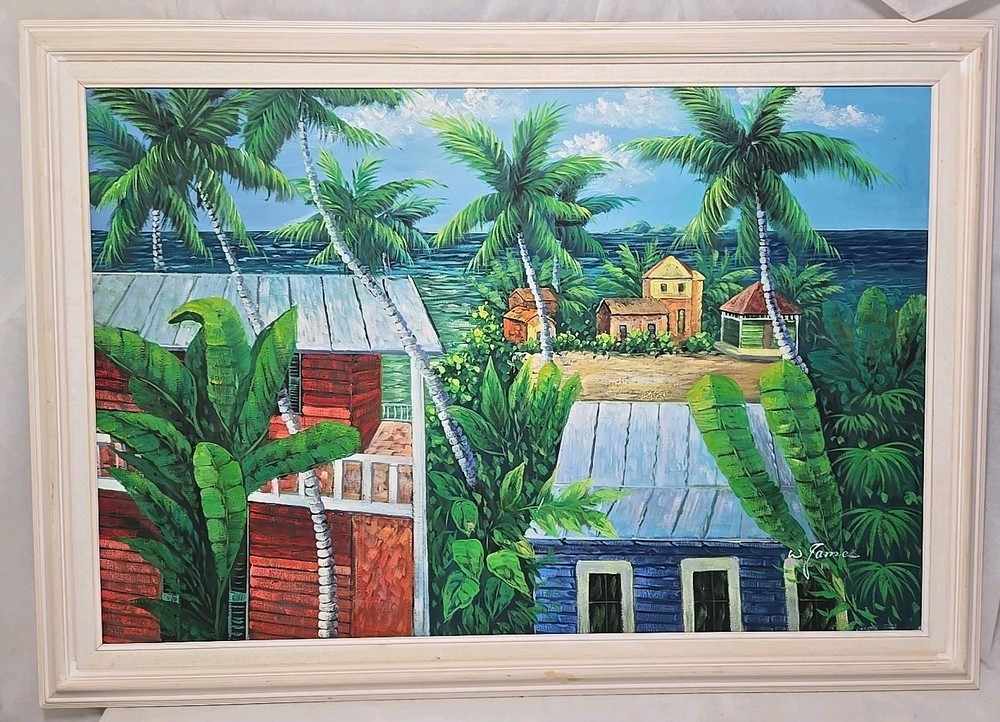 Tropical Island Village Oil Painting of Water, Village Framed W James Original