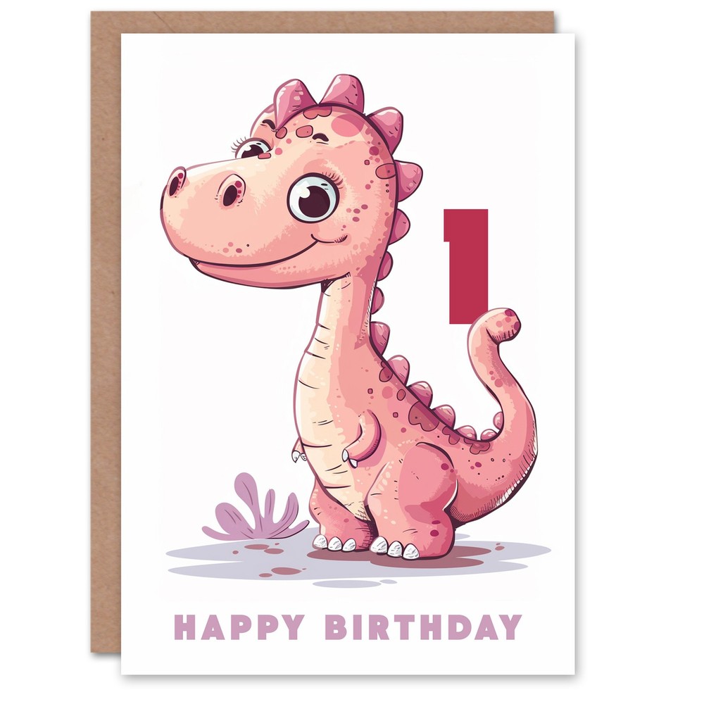 1st Birthday Card Cute Pink Baby Dinosaur Cartoon Kids Age 1 Year Old Child