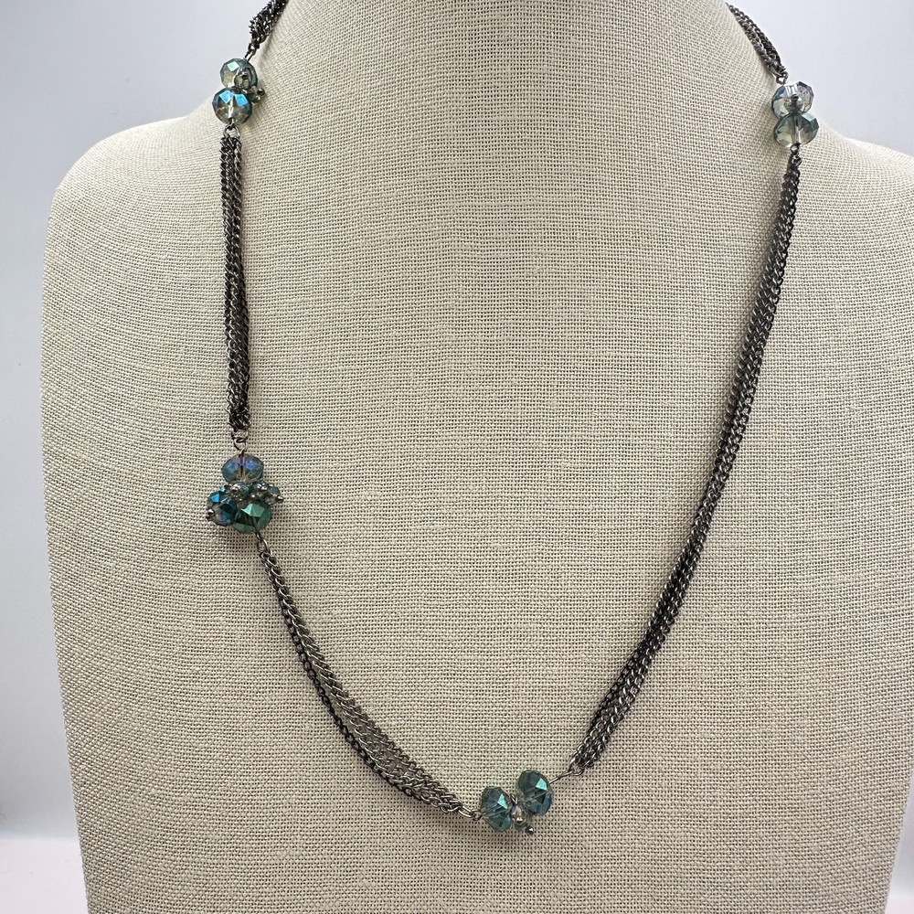 Vintage 90s Silver Tone Multi Strand Layered Blue Iridescent Glass Necklace