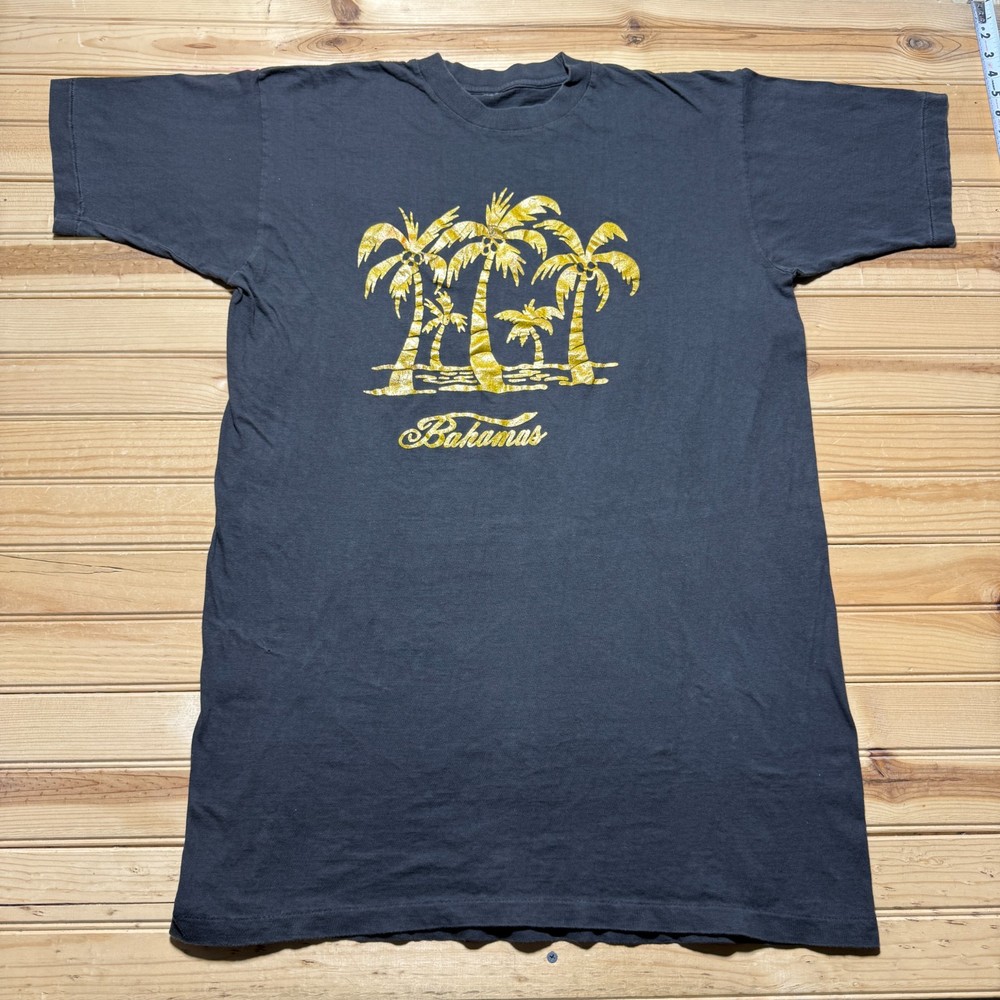 Vintage 90s Bahamas Gold Glitter Palm Trees Beach Tropical Souvenir Shirt Large