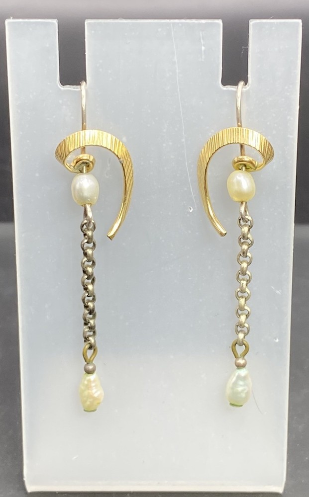 Vintage Estate Gold Plated & Sterling Baroque Pearl Dangle Chandelier Earrings