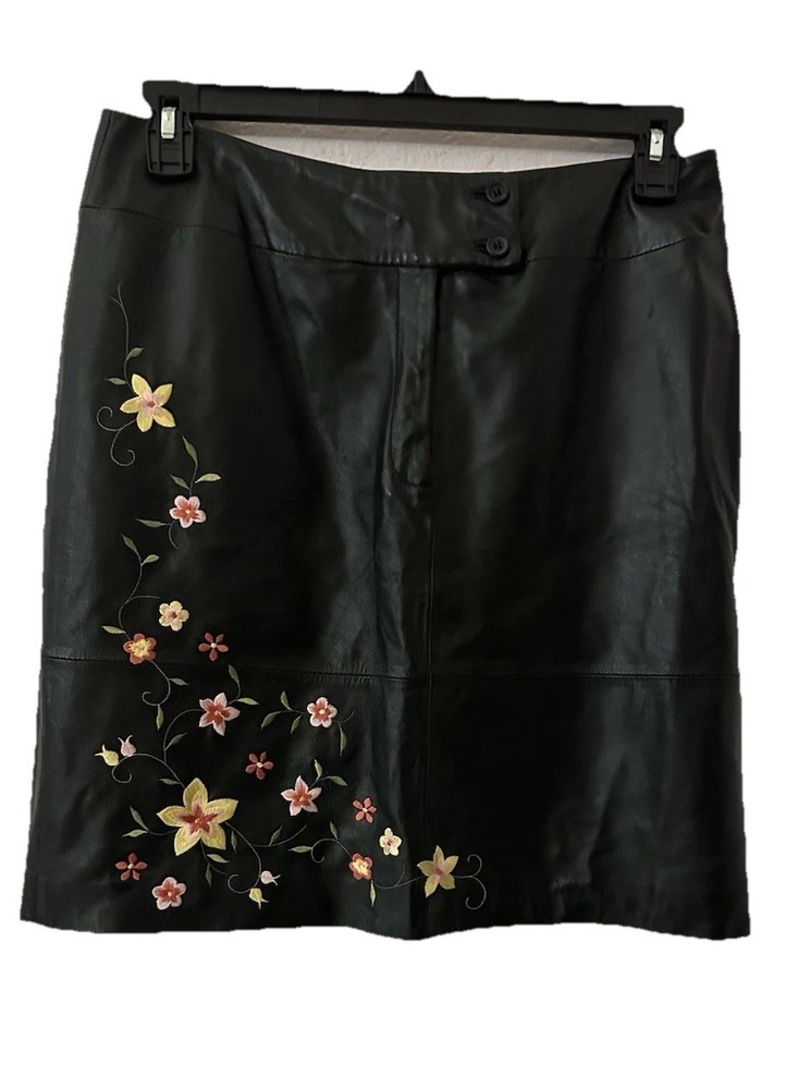 Alfani Black Genuine Leather Floral Embroidered Skirt Women’s Size 12 NWT