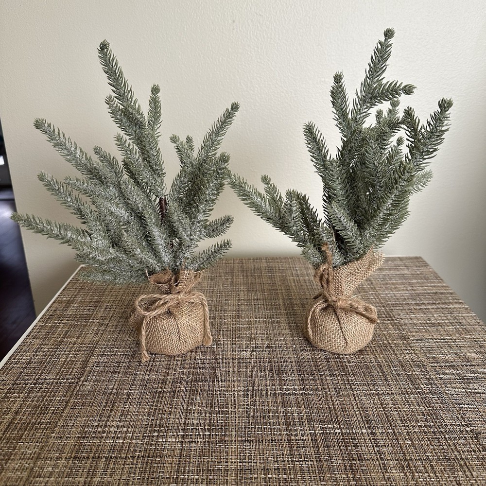 Mini Burlap Bottom Glitter Accent Pine Evergreen Christmas Trees 11” Set Of 2-image