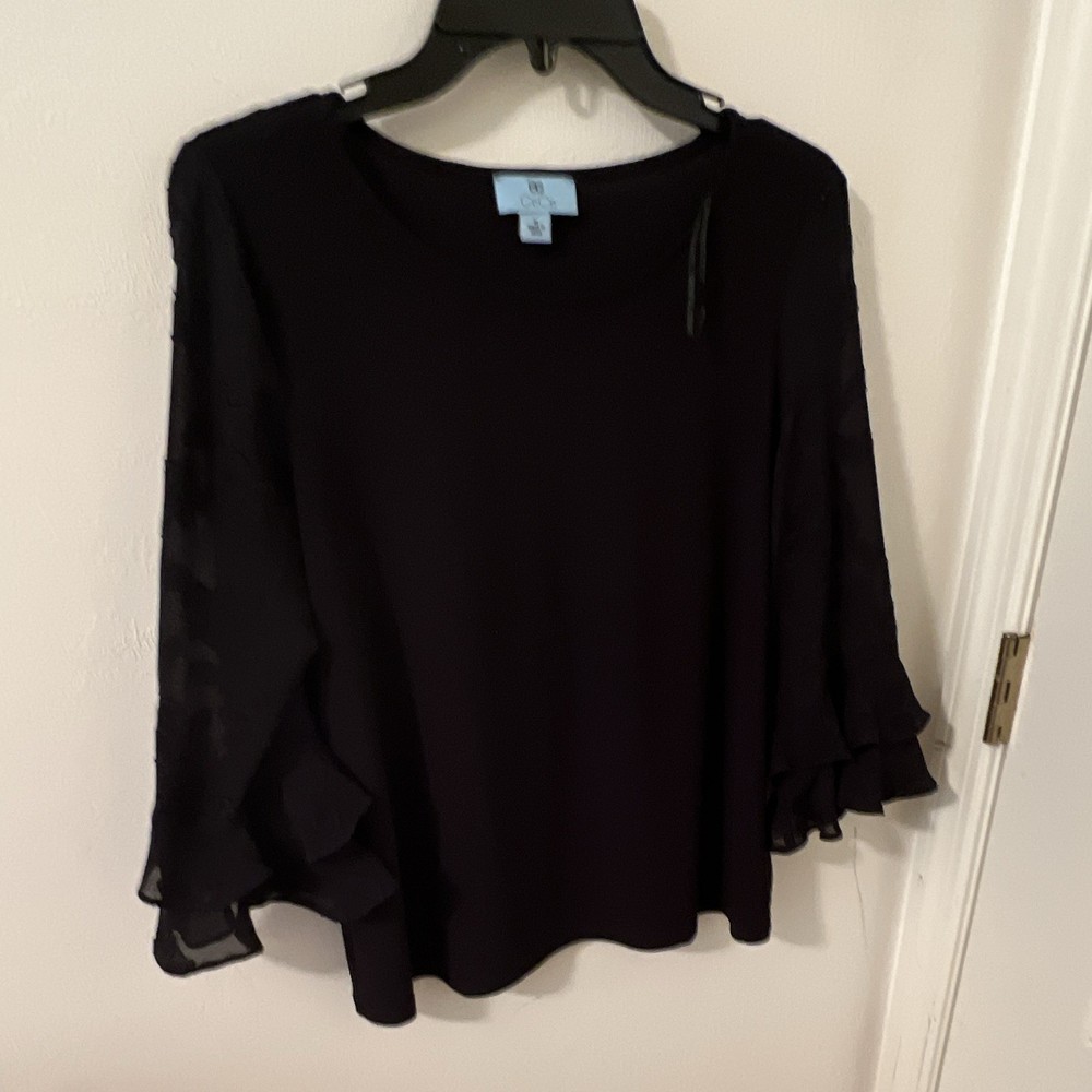 CeCe Black Ruffle Long Sleeve Blouse Round Neck Solid Size M