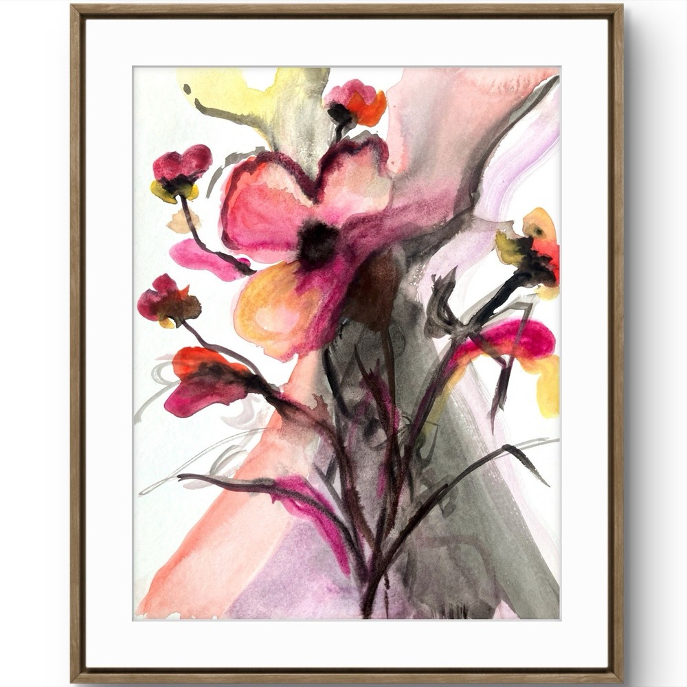 TITA PAINTZ Pink Black Flowers Original Handmade Watercolor 9x12 Paper Wall Art