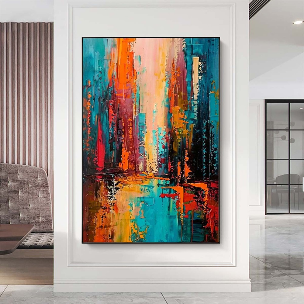 Blue Hand-Painted Oil Painting on canvas Modern Wall Art Abstract streetscape