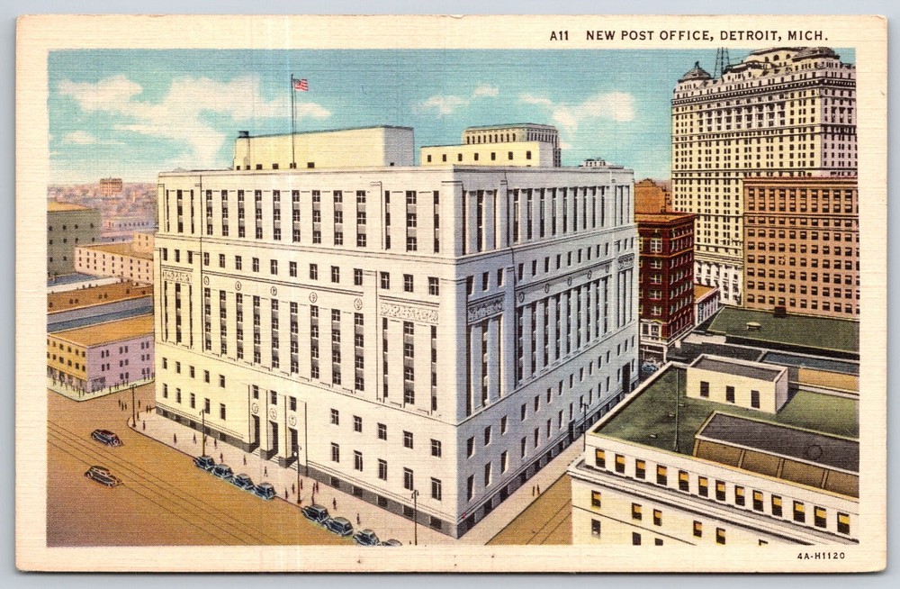 Detroit Michigan~New Post Office Bldg Birds Eye View~Vintage Linen Postcard