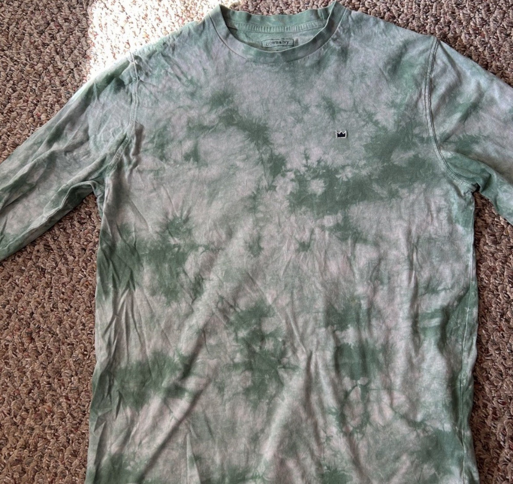 crown & ivy Green White Tie Dye Crew Neck Logo Knit Cotton Men's T-Shirt Size M