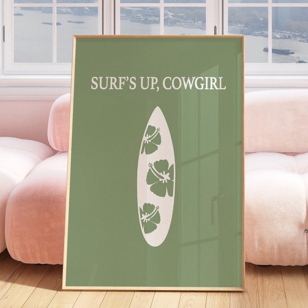 Surfs Up Cowgirl Coastal Beach Cowgirl Decor Western Wall Art Green Poster
