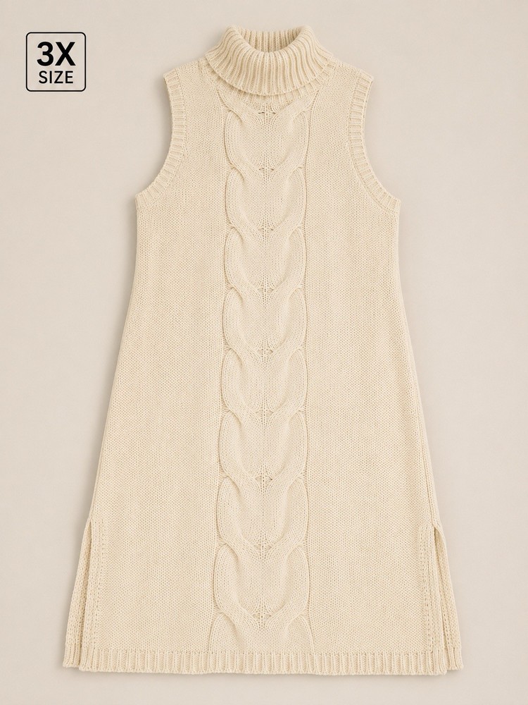 Runway Ivory Cable Knit Midi Sweater Dress 3X Plus Sleeveless Turtleneck