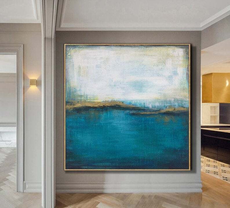 Sunset Painting Modern Art Gold Leaf Painting Blue Abstract Wall Painting