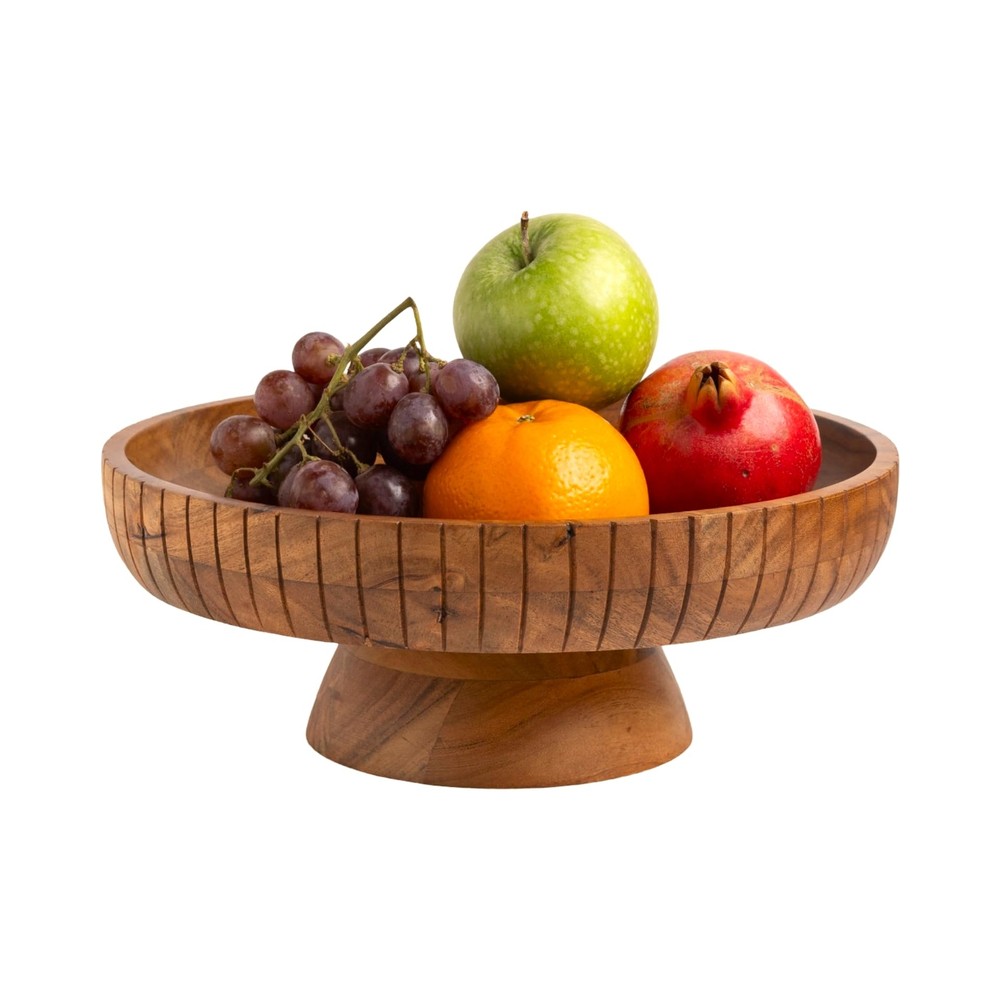Acacia Wood Pedestal Fruit Bowl 12 Inch Kitchen Countertop Decor-image