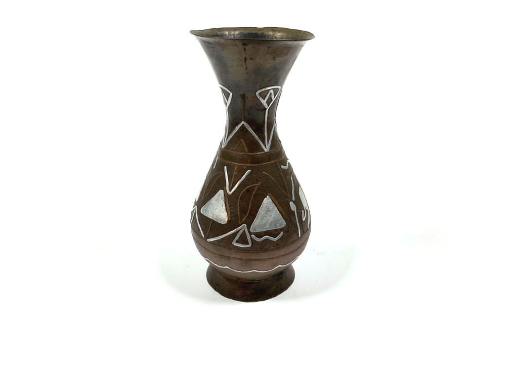 Antique Egyptian Brass Vase With Silver Copper Inlay Hieroglyphic Figures Small