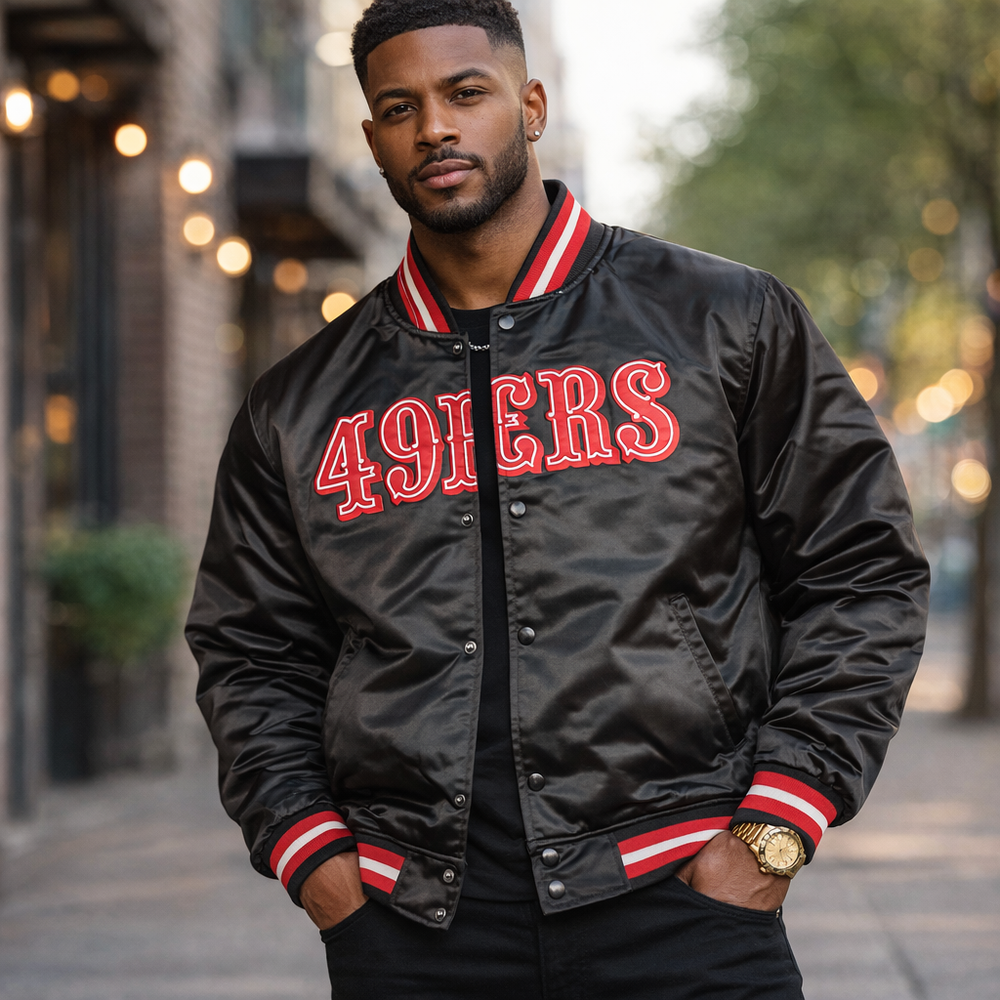 SF 49ers Black Satin Bomber Varsity Jacket Embroidery Logos Jacket Free Shipping