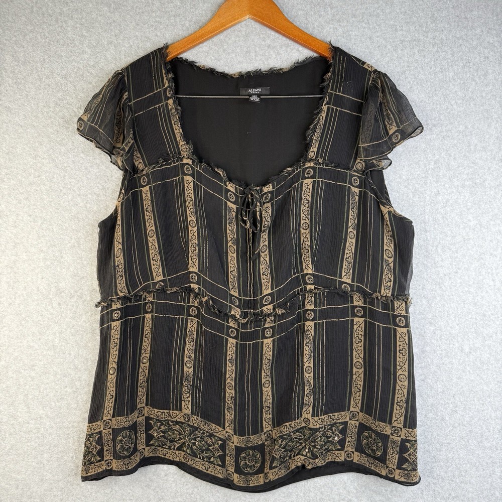 Alfani Boho Artsy 100% Silk Brown Pattern Short Sleeve Blouse Women's Size W22
