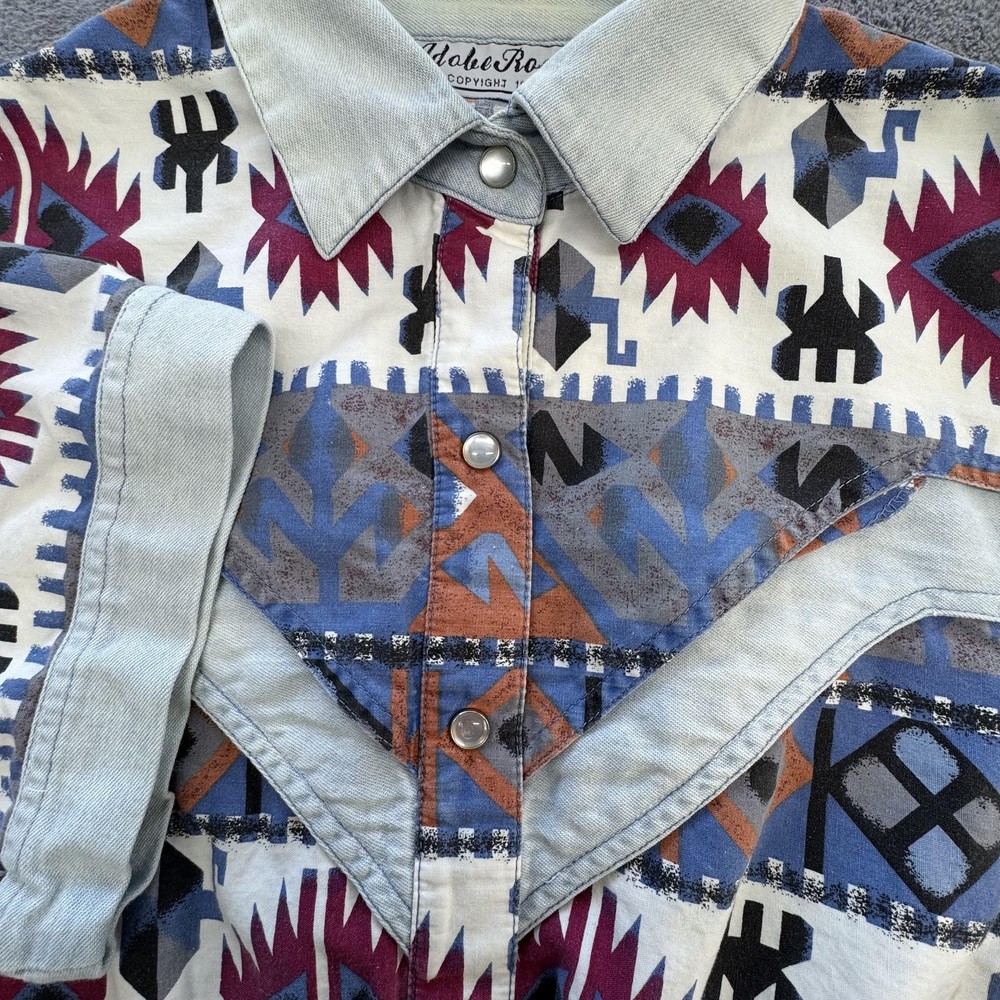 Vintage Adobe Rose Shirt Blouse M Button-Up Womens Multicolor Cropped 90s