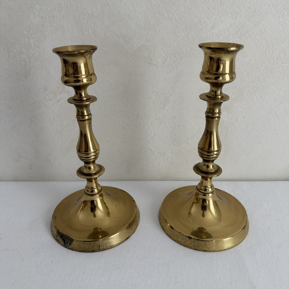 Vintage Pair Solid Brass Candlestick Holders Made in England 7
