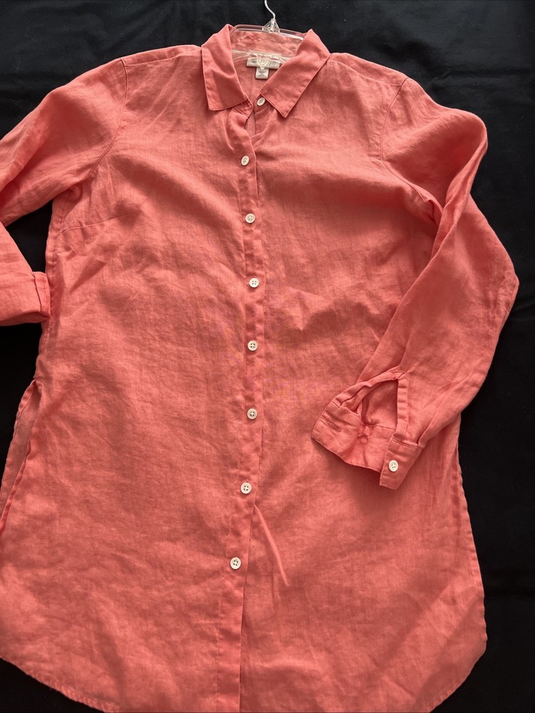 J Jill Love Linen Womens Tunic Top Button Front Side Slit Orange Coral XS Petite