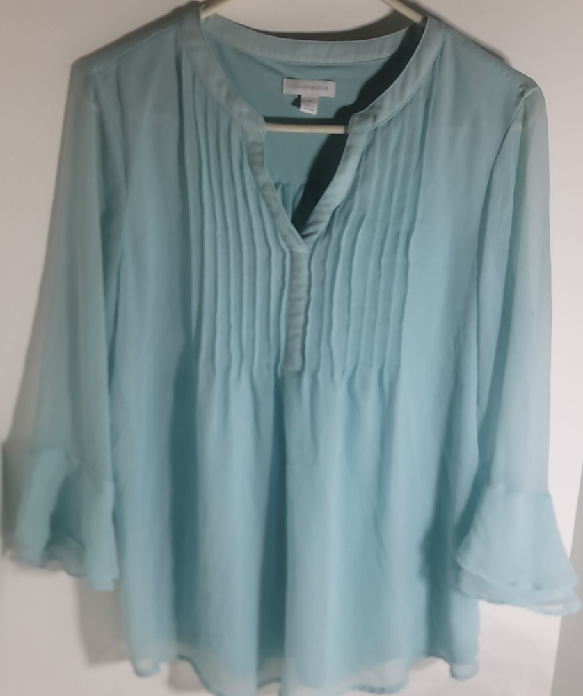 Charter Club Blue Solid Pleated V-Neck Blouse M 3/4 Sleeve Pullover