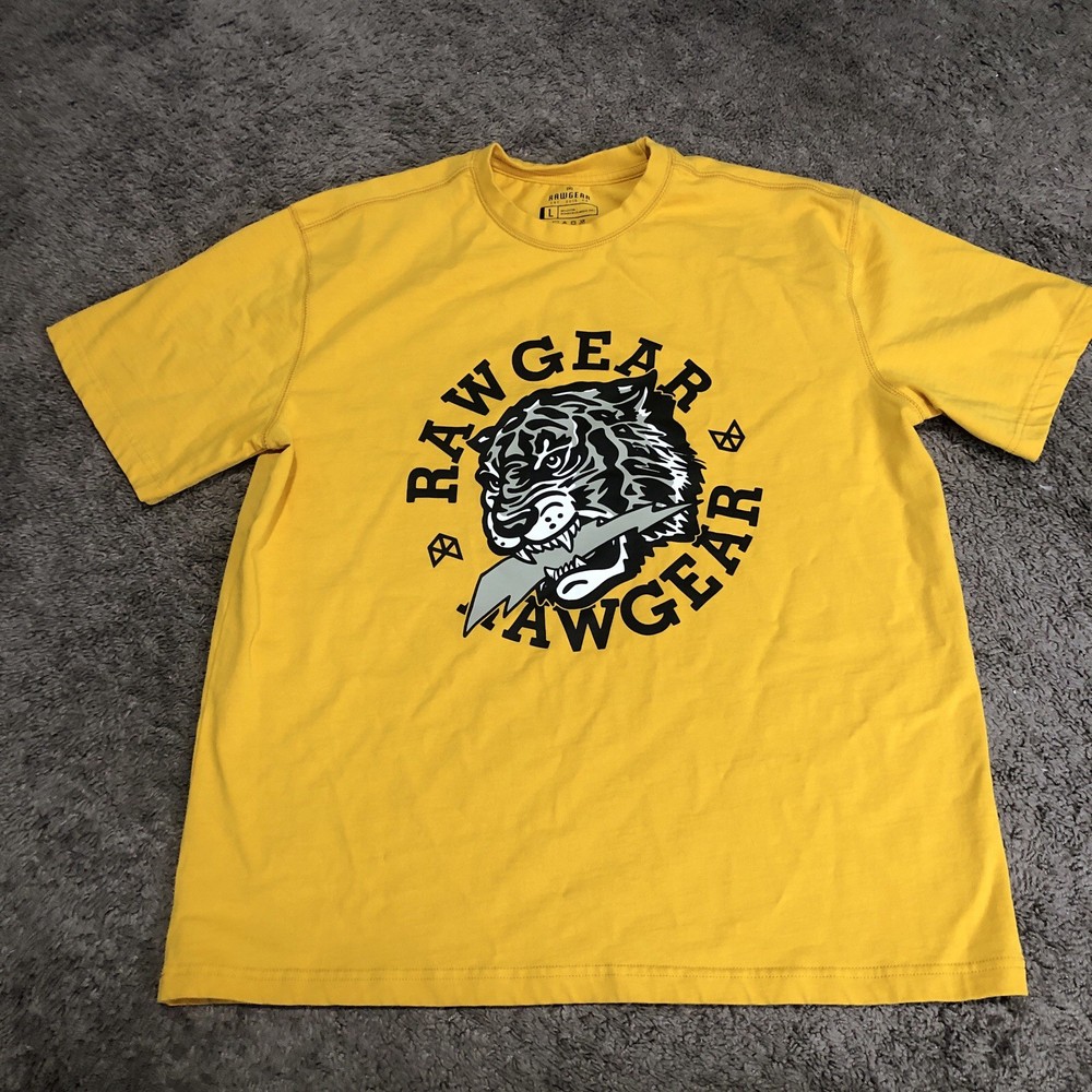 Raw Gear Tiger T-Shirt Men’s Size L Yellow Heavyweight Streetwear Gym Workout