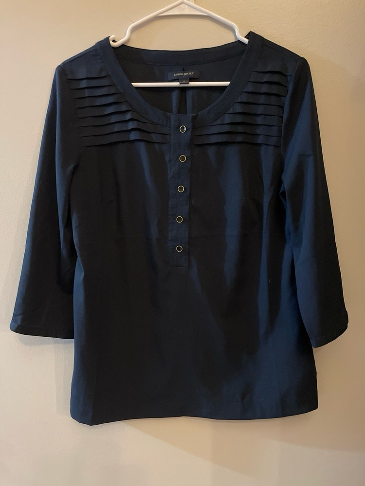 Banana Republic Navy Blue Pleated Button 3/4 Sleeve Blouse Women's M