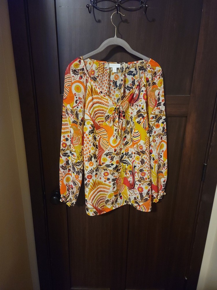 EUC Women's Chiffon Sheer Boho Floral Peacock Tunic Top Blouse Size Medium