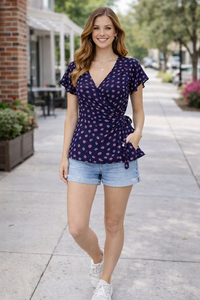 Women’s Wrap Blouse Navy Print – Short Sleeve V-Neck Top, Casual Chic Everyday S