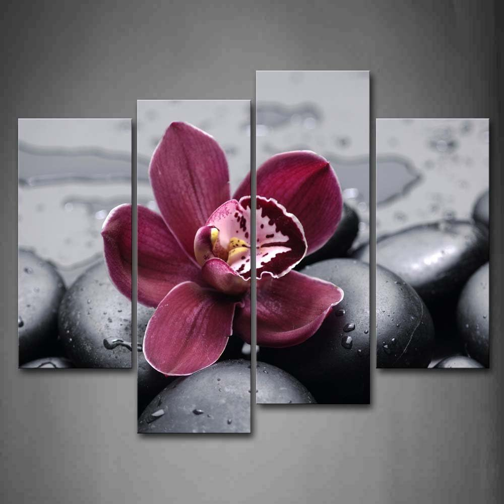 Dark Red Orchid Painting on Cobblestone Burgundy Art Print on Canvas