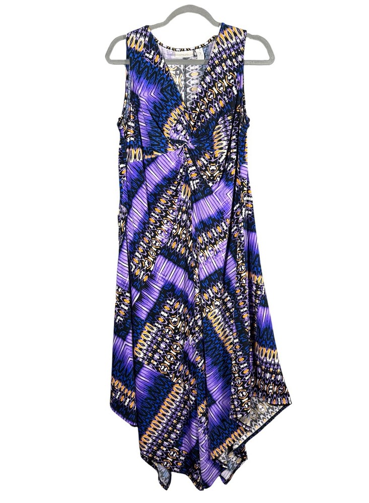 Chico’s Size 3 Purple Abstract Print Twist Front Asymmetrical Midi Dress
