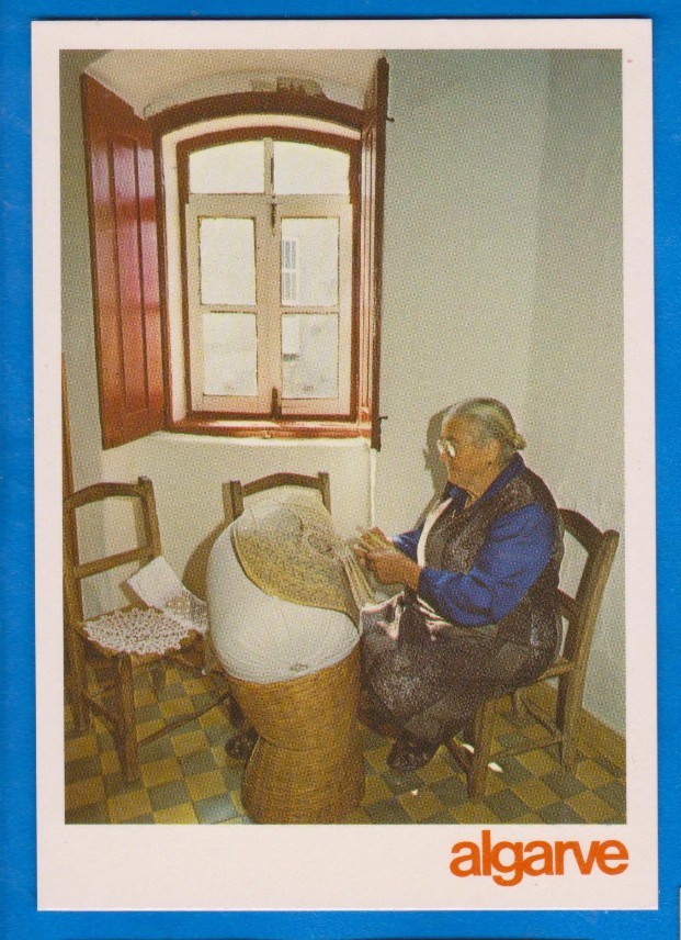 Portugal, Algarve, Bobbin lace maker woman, dentelliere, postcard