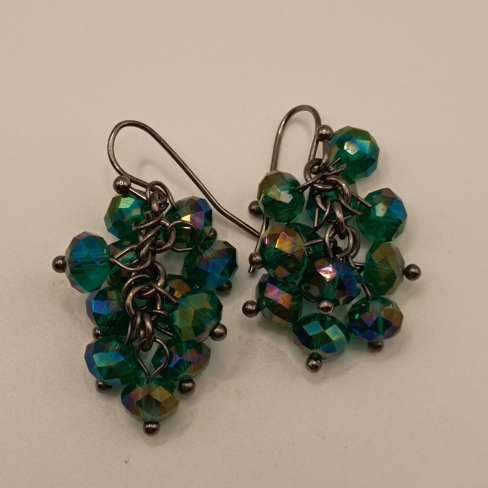 Vintage Dangle Earrings Cluster AB Faceted Crystal Green Blue