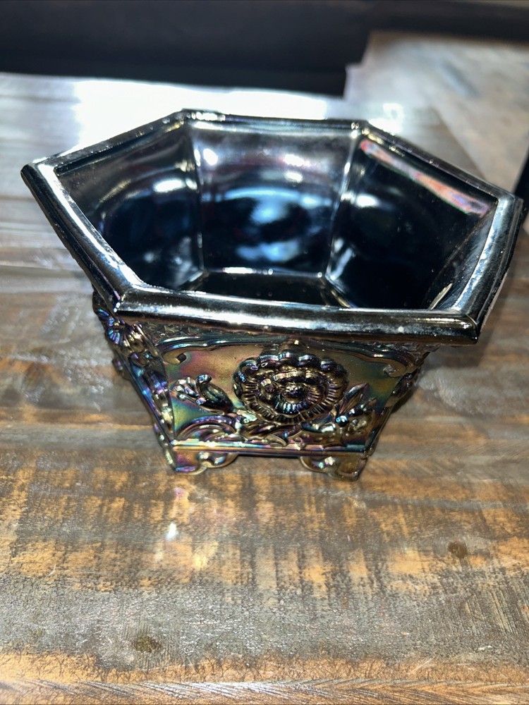 Fenton Amethyst Carnival Chrysanthemum Hex Footed Planter 6 Inch