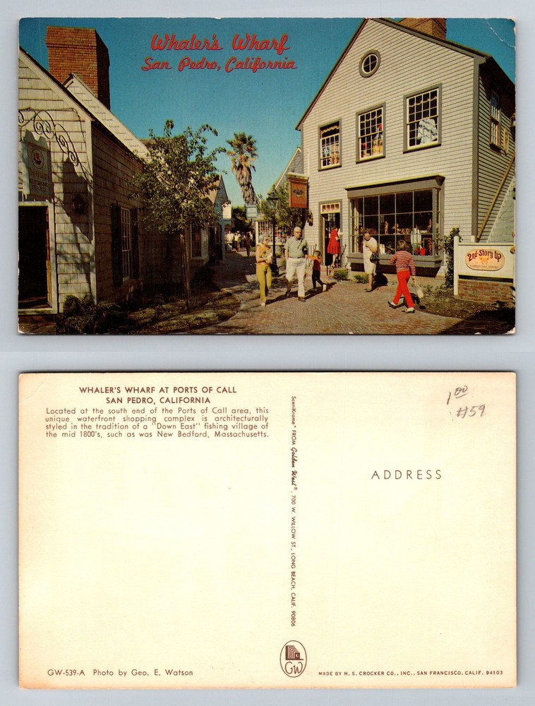 San Pedro CA-California, Whaler’s Wharf Ports of Call Shops Vintage Postcard