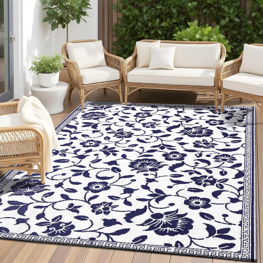 Waterproof Outdoor Rug 4X6 Ft, Outdoor Plastic Straw Rug with Flower Pattern, Re