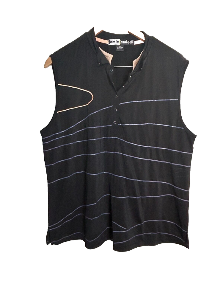 Jamie Sadock Tank Top Women's XL Black Stripes 1/4 Button Sleeveless Blouse