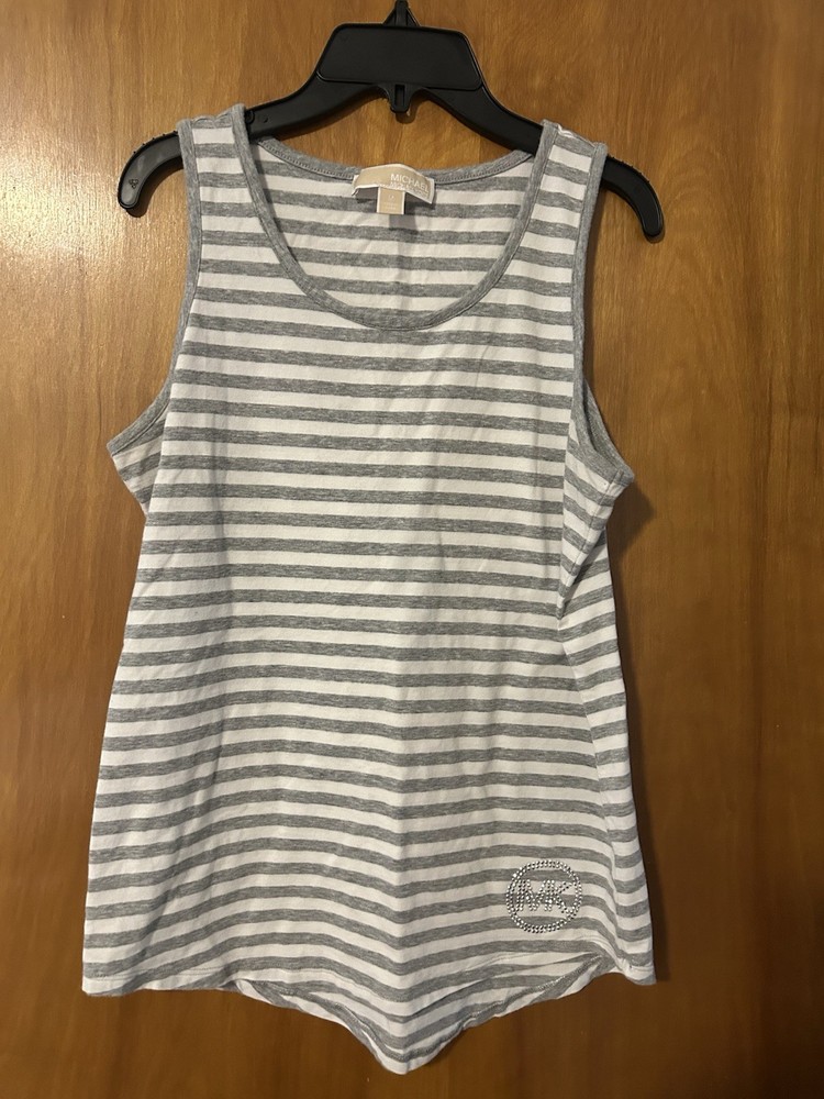 Michael Kors Gray &White Striped Tank Top Shirt MK Logo Rhinestones Women's Med